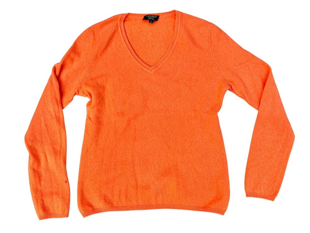 100% Cashmere Bright Tangerine Orange V-Neck sweater - Size L